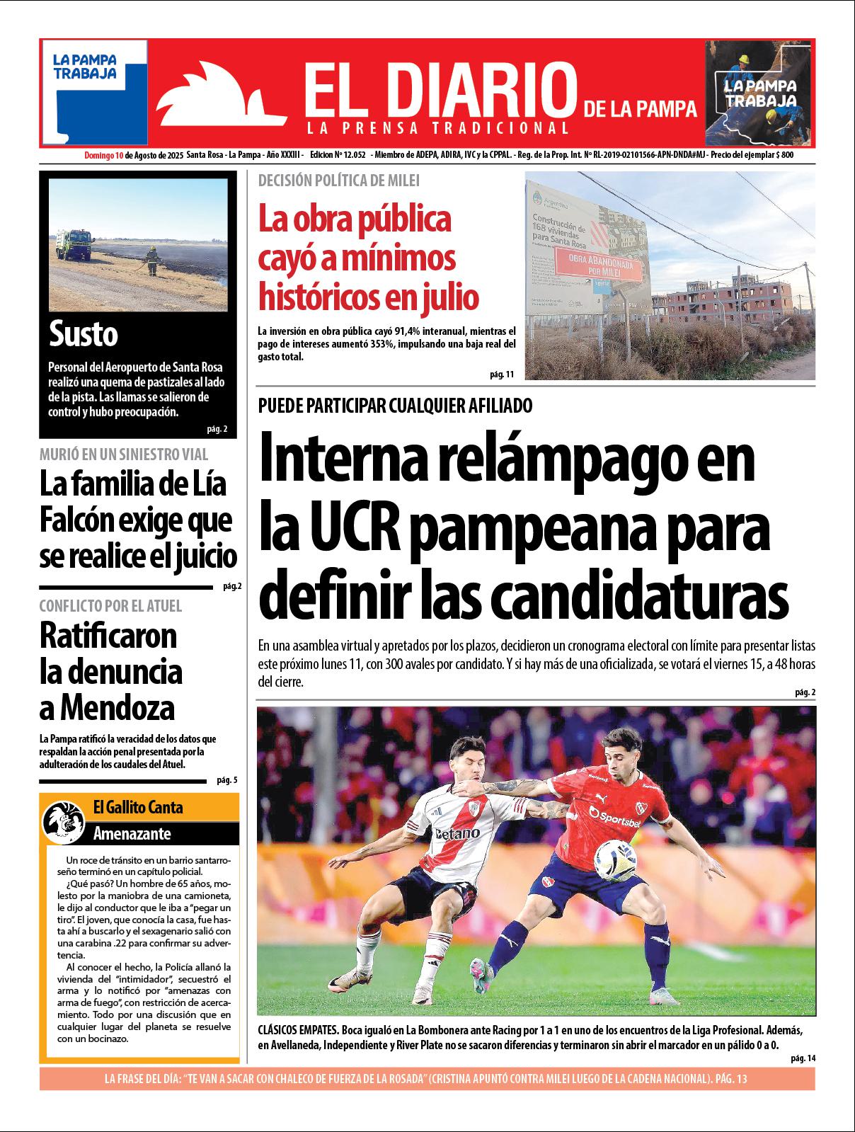 Tapa de El Diario en papel  domingo 10 de agosto de 2025